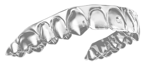 3D render of a clear Invisalign tooth aligner set for the upper teeth