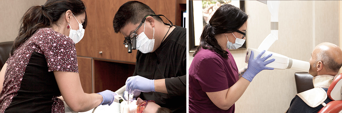 Two pictures showing a dentist and dental assistant working on a patient and doing a dental x-ray
